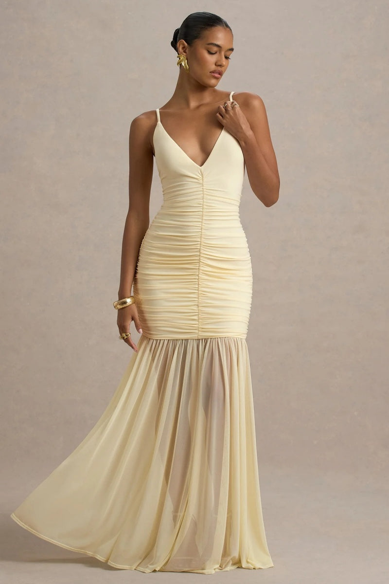 Pale Lemon Ruched Plunge-Neck Maxi Dress