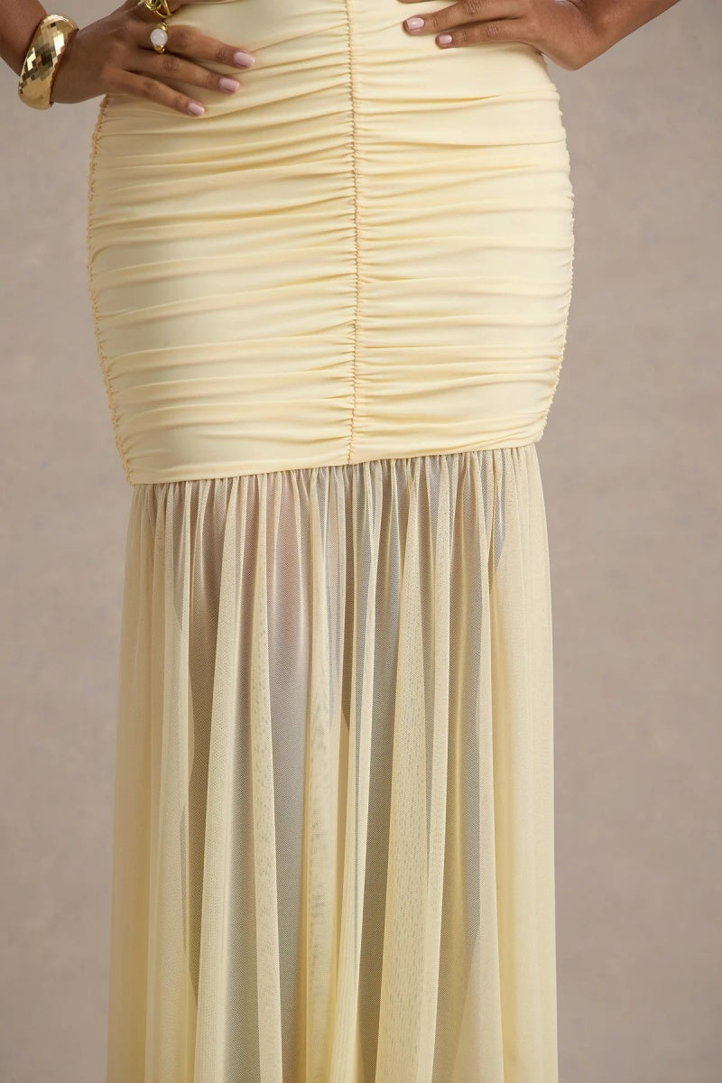 Pale Lemon Ruched Plunge-Neck Maxi Dress