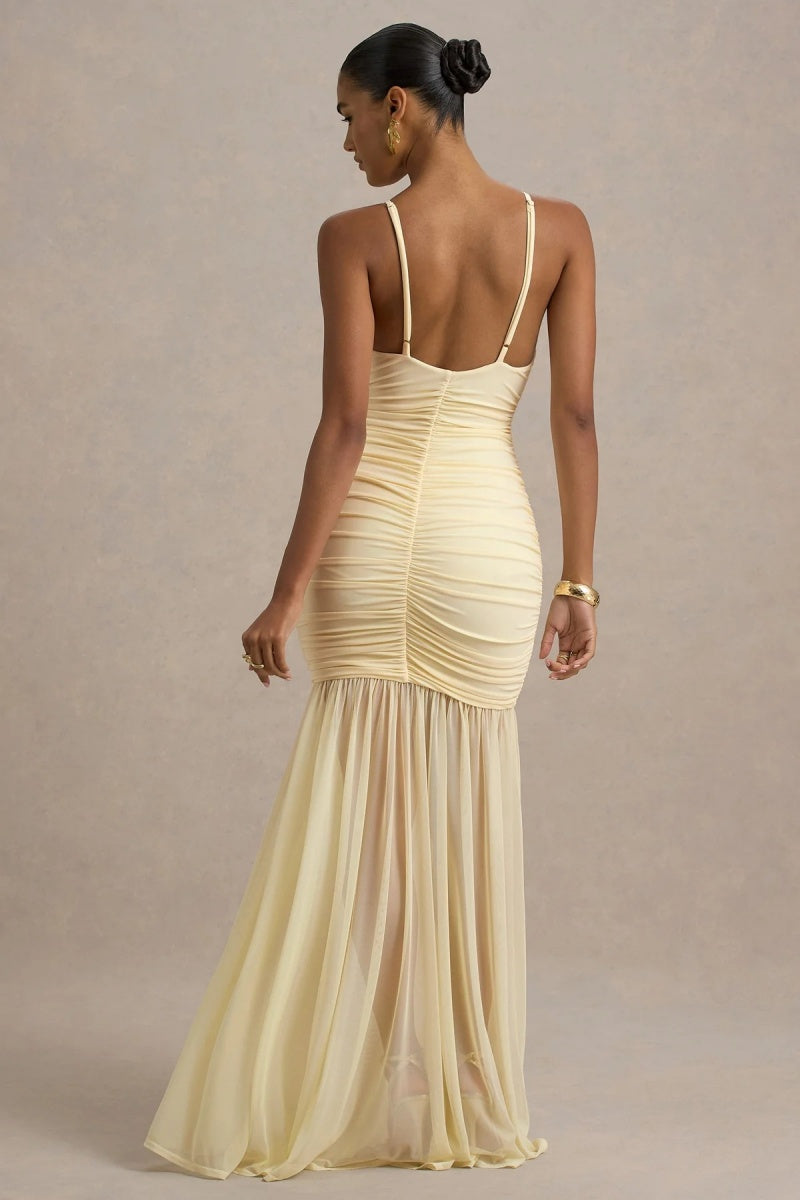 Pale Lemon Ruched Plunge-Neck Maxi Dress